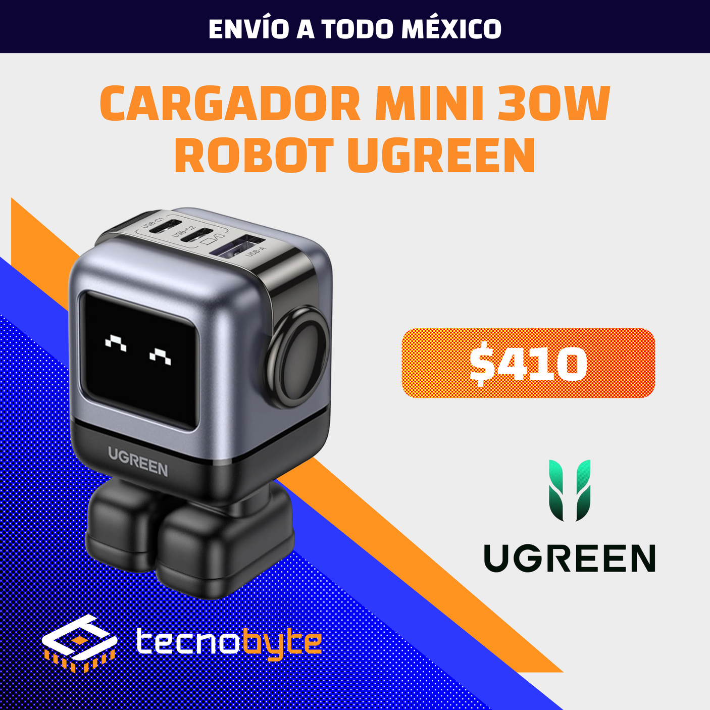 Cargador Ugreen Mini Robot 30W GaN Carga Rápida Pantalla LED