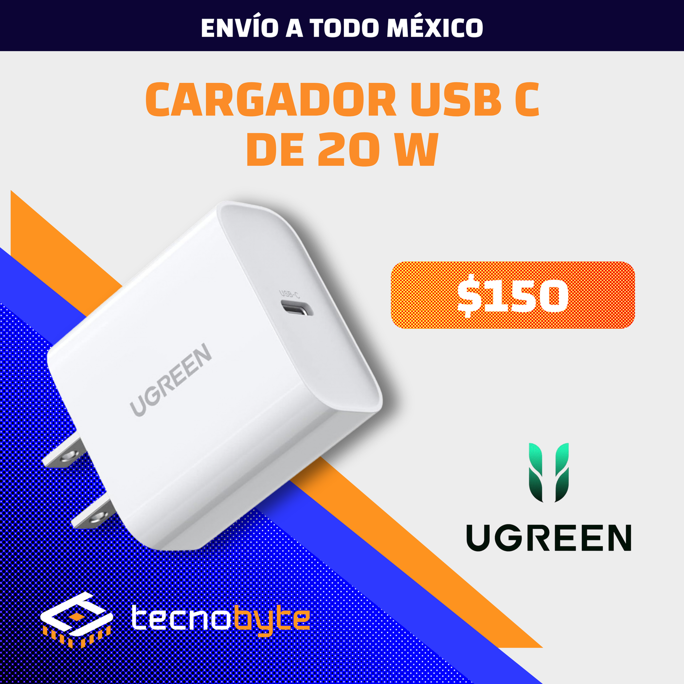 Cargador UGREEN 20W USB-C Blanco Carga Rápida PD