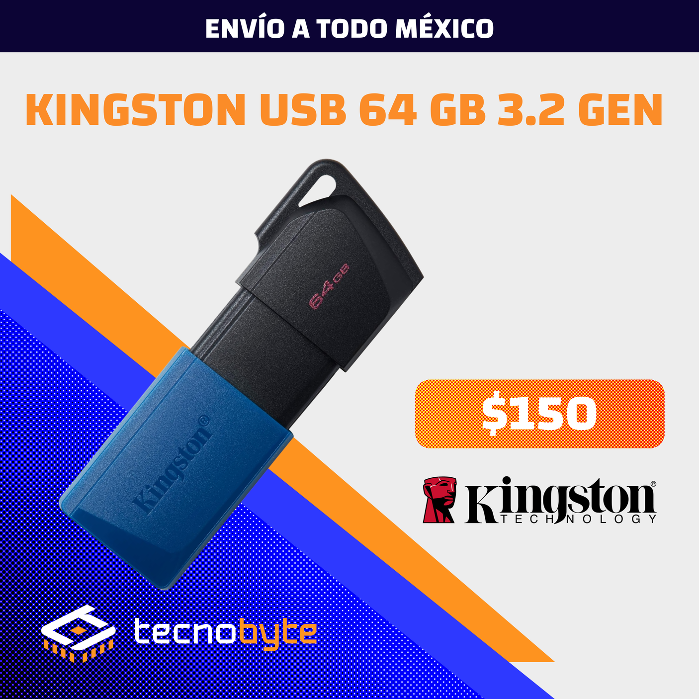 Memoria USB Kingston Exodia 64GB 3.2 Gen 1 Azul - Transferencia Rápida